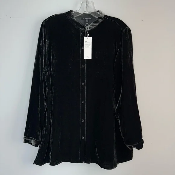 NWT Eileen Fisher Mandarin Collar Long Shirt Silk Ivy Crushed Velvet PL Petite L - Picture 5 of 16